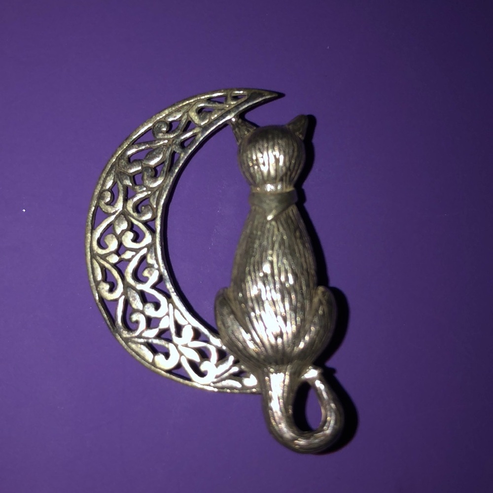 Jezlaine Cat Sitting on a Filigree Crescent Moon